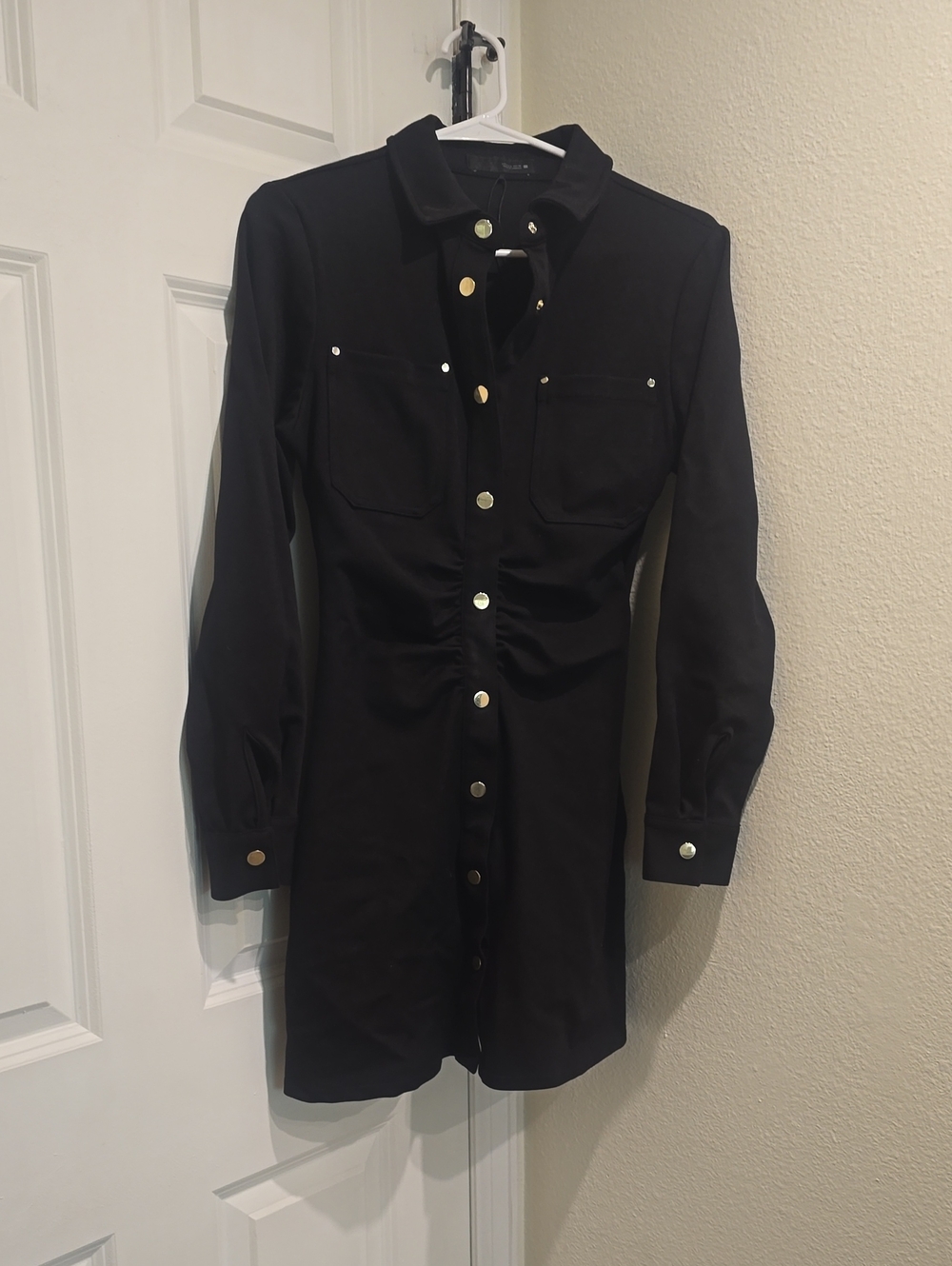Zara Black Long-Sleeve Button-Front Shirt Dress with Gold Buttons